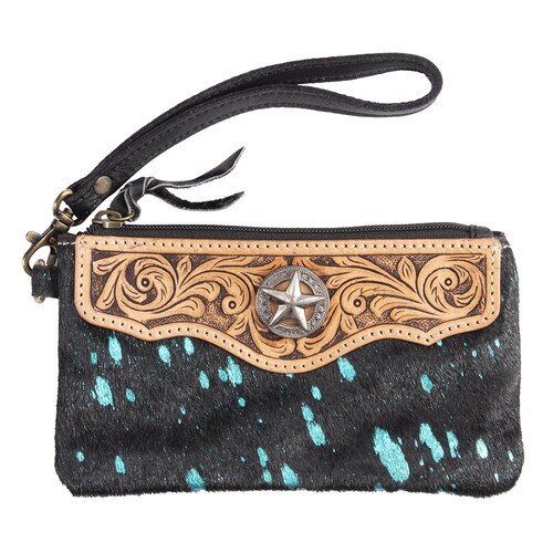 Cowhide Leather Purse - Black & Turquoise