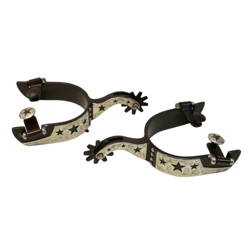Fort Worth Black Steel Spurs w/Hand Carved German Silver [Size: Mens]
