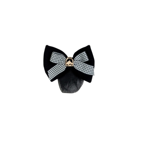 Show Bow - Black Velvet with check ribbon & gold horse head